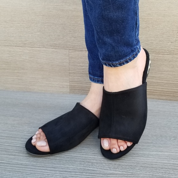 Black Vegan Suede Loafer Open Toe Sandal Pearl - Picture 3 of 8